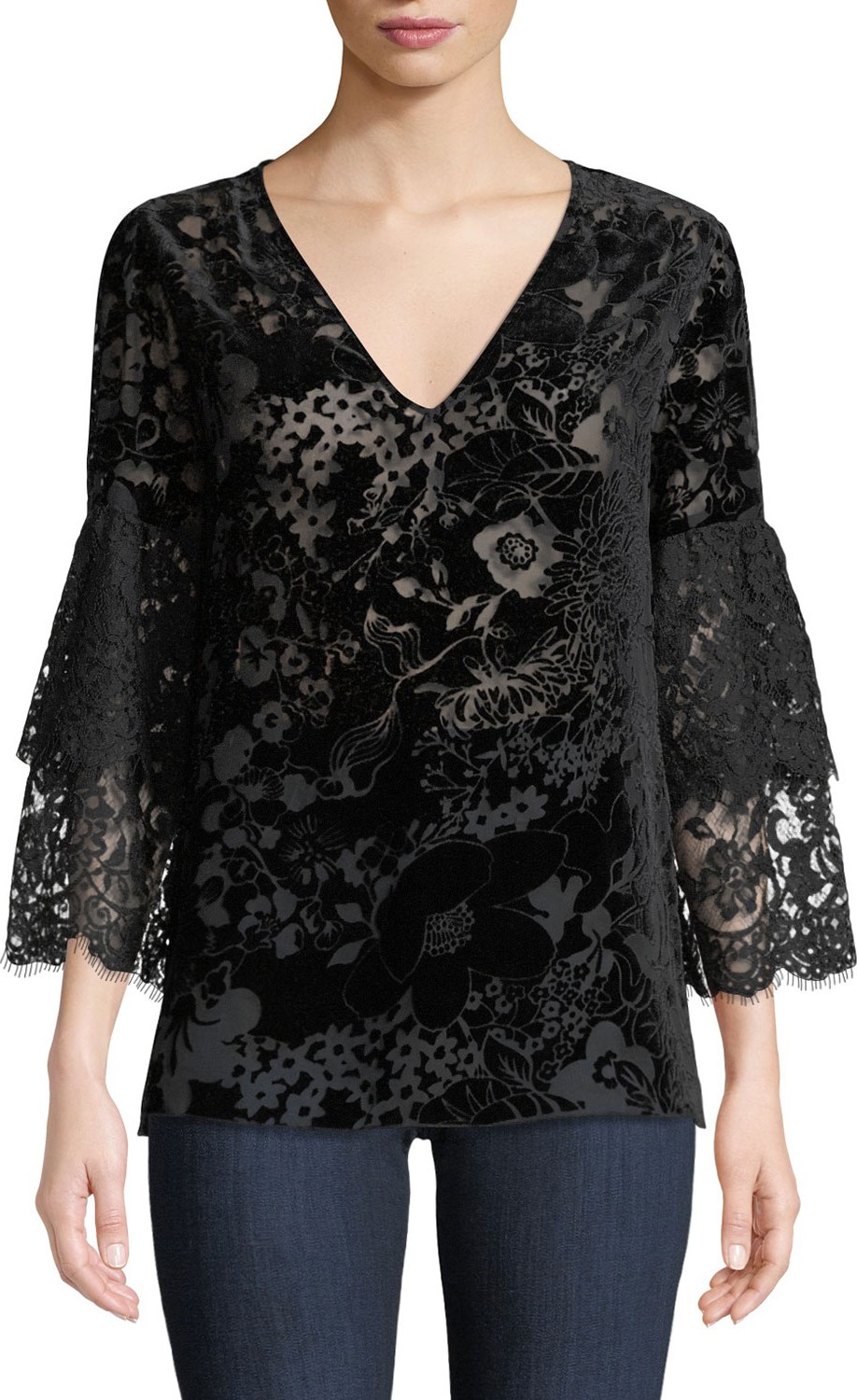 Johnny Was Eureka Burnout Velvet Top w/Lace Sleeves