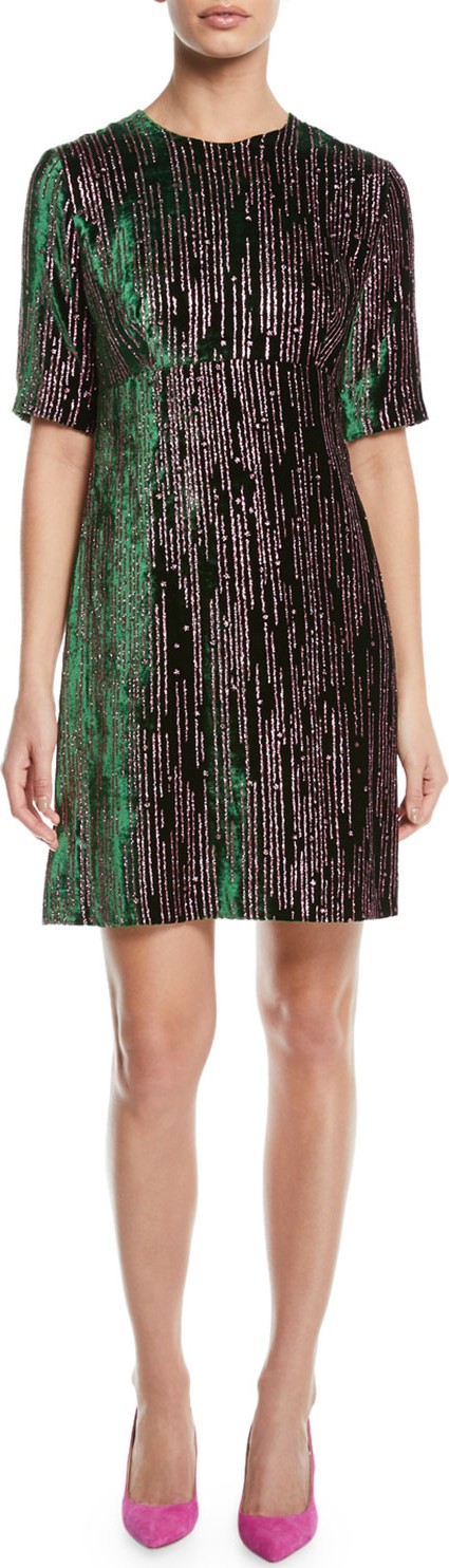 Escada Short-Sleeve Glitter-Velvet A-Line Dress
