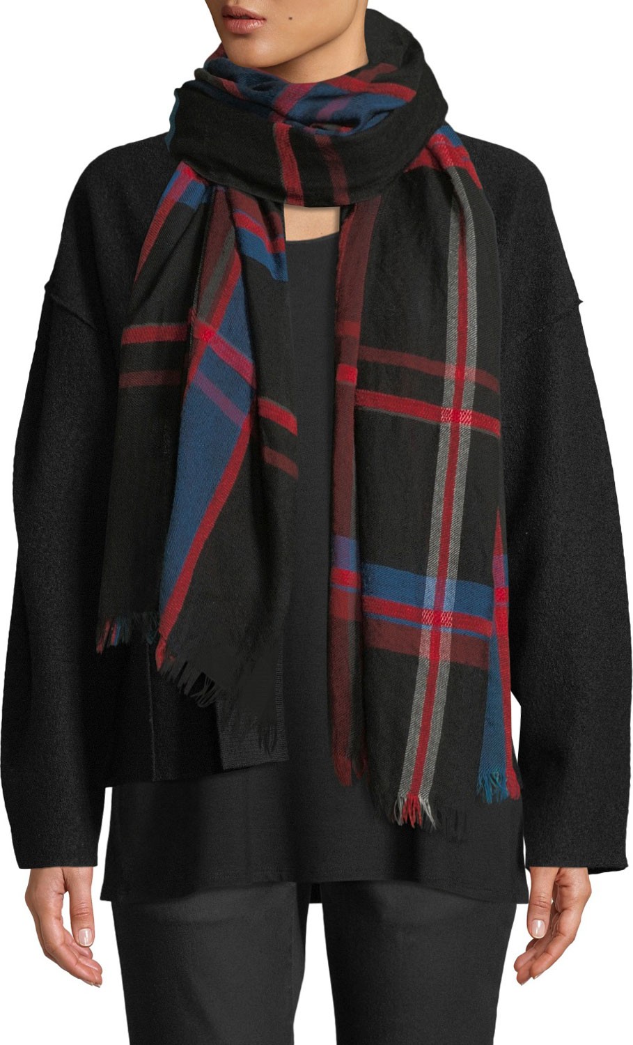 Eileen Fisher Chenille Plaid Wool/Cotton Scarf