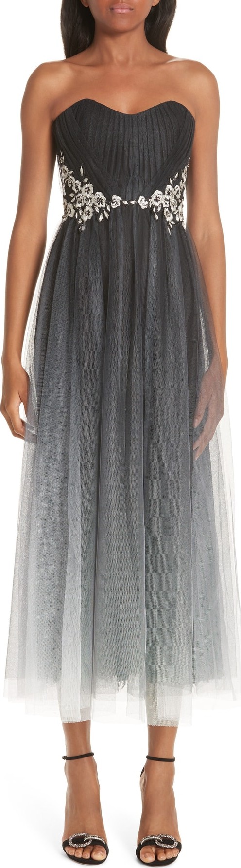 Marchesa Notte Strapless Ombré Tulle Tea Length Dress