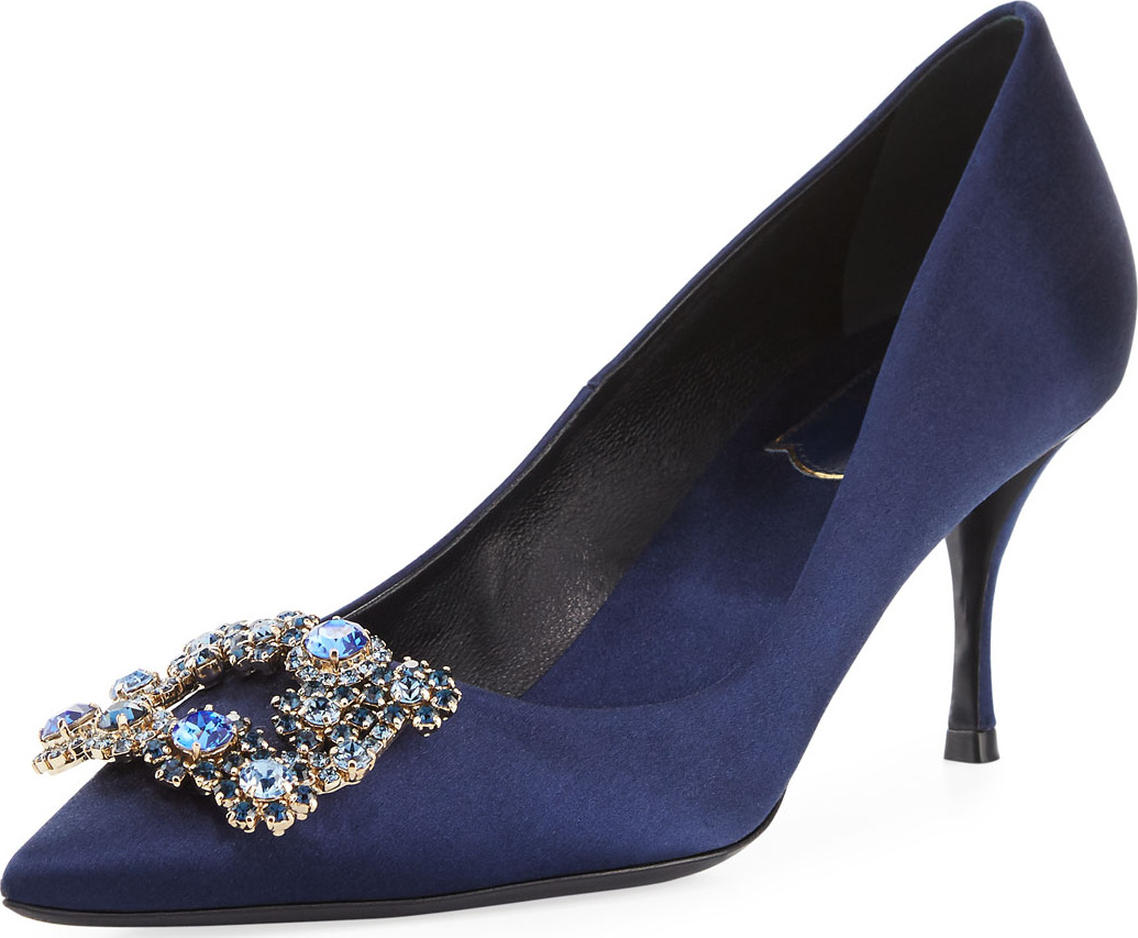 Roger Vivier Crystal Buckle Satin Pump, Navy