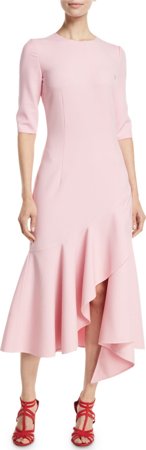Oscar De La Renta 3/4-Sleeve Drop-Waist Fitted Asymmetric-Hem Midi Dress