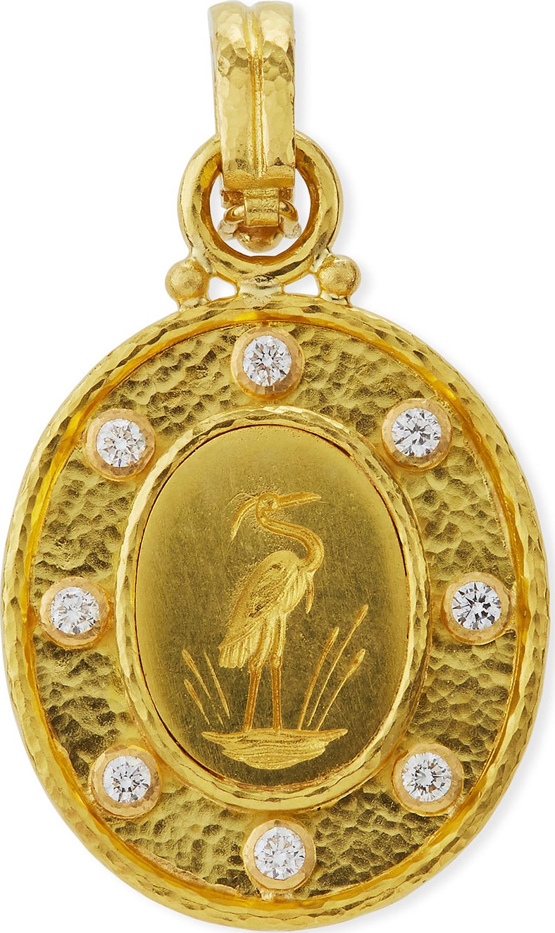 Elizabeth Locke 19K Gold Crane Pendant with Diamonds
