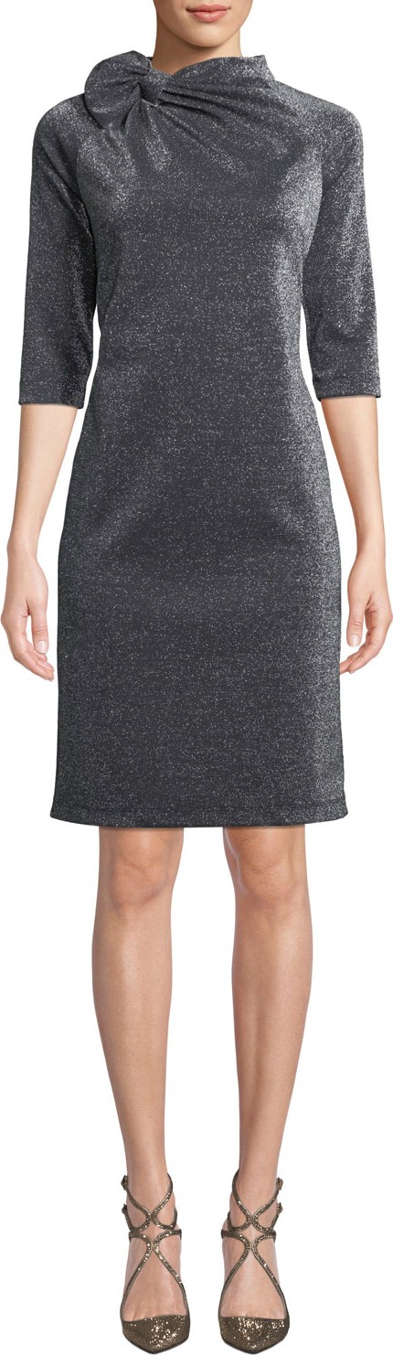 Rickie Freeman for Teri Jon Drape-Neck Metallic Cocktail Dress