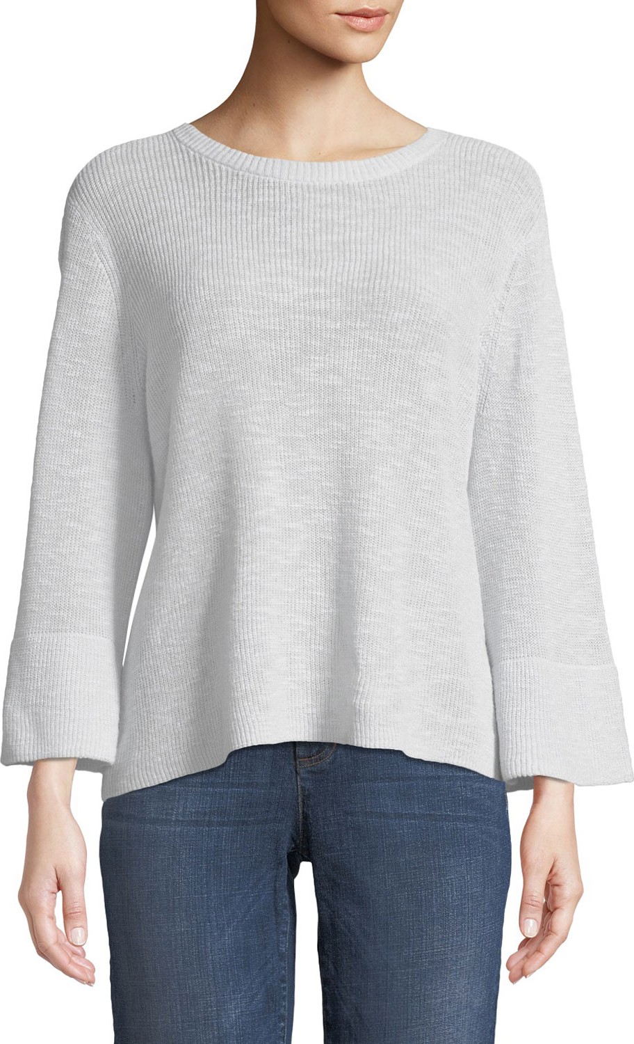 Eileen Fisher 3/4-Sleeve Ribbed Organic Linen and Cotton Sweater