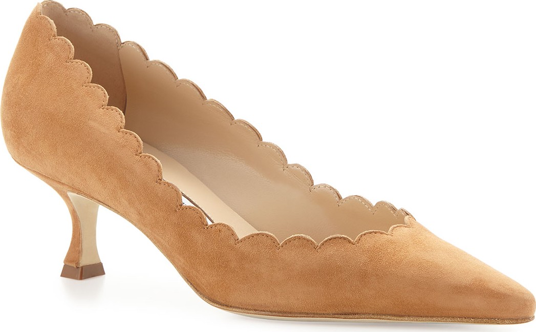 Manolo Blahnik Srilasca Scalloped Suede Kitten-Heel Pump