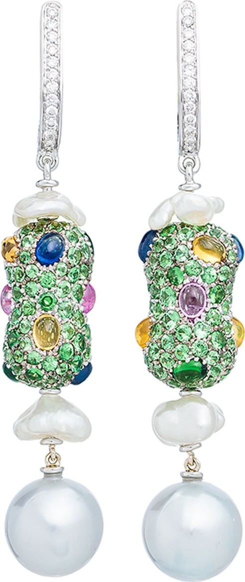 Margot McKinney Linear Sapphire, Diamond & Baroque Pearl Drop Earrings in 18K White Gold