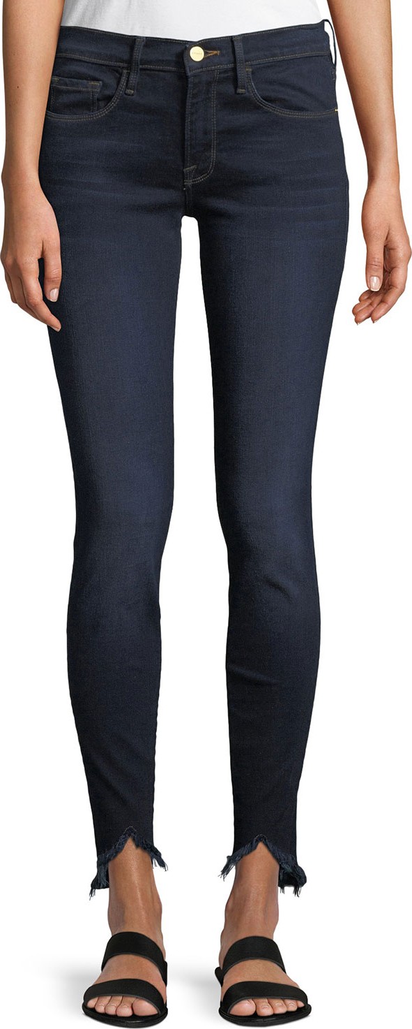 FRAME DENIM Sweetheart Dark-Wash Skinny Jeans w/ Raw-Edge Hem