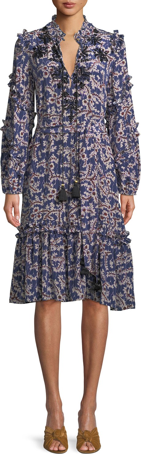 FIGUE Tie-Neck Long-Sleeve A-Line Floral-Print Knee-Length Dress