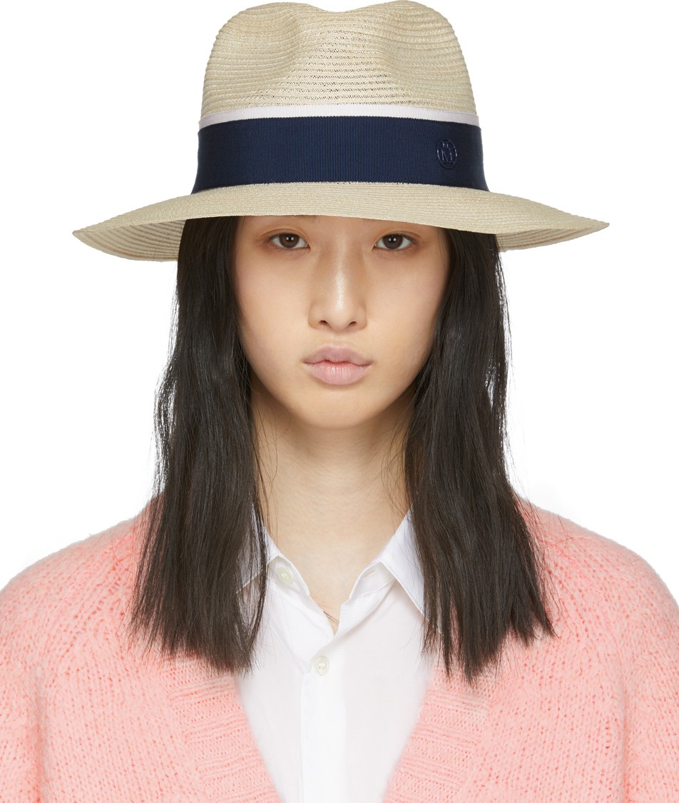 Maison Michel Beige & Navy Straw Henrietta Hat