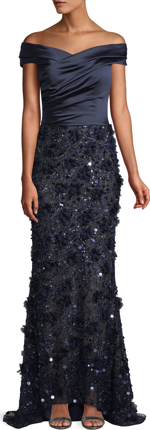 David Meister Off-the-Shoulder Satin & Beaded Gown