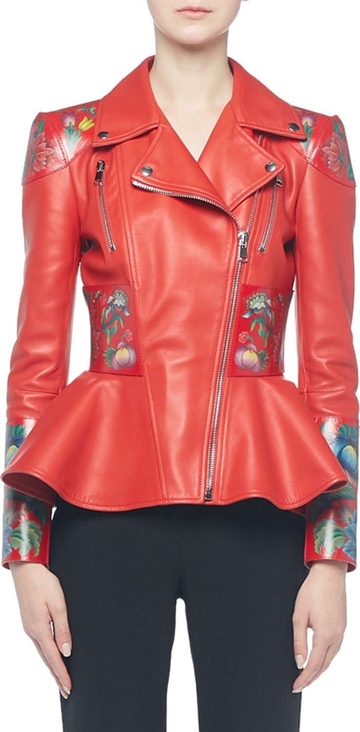 Alexander McQueen Flower-Print Leather Moto Jacket