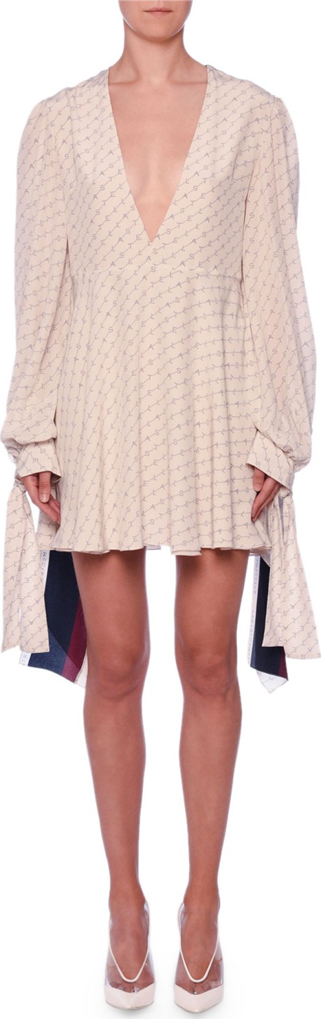 Stella McCartney V-Neck Long-Sleeve Monogram-Print Silk Dress w/ Tieback