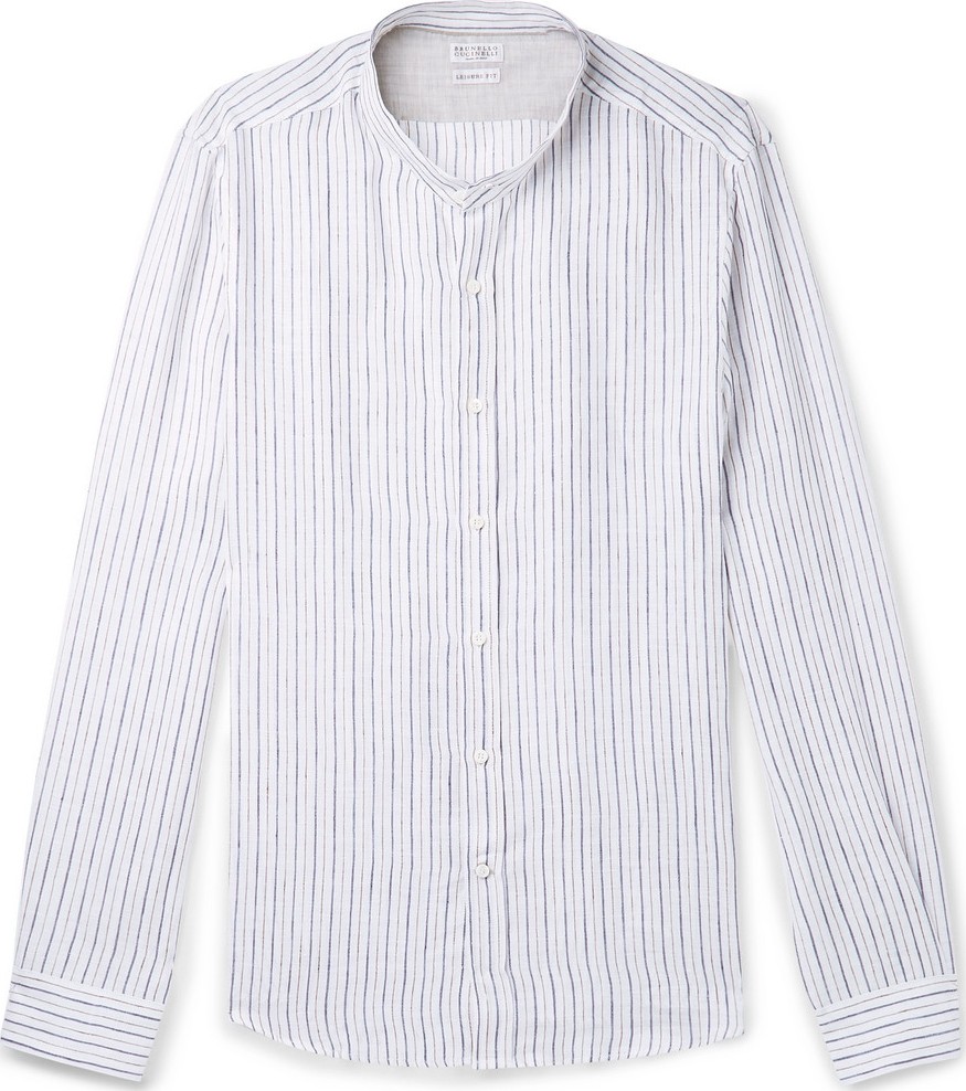 Brunello Cucinelli Grandad-Collar Pinstriped Linen Shirt