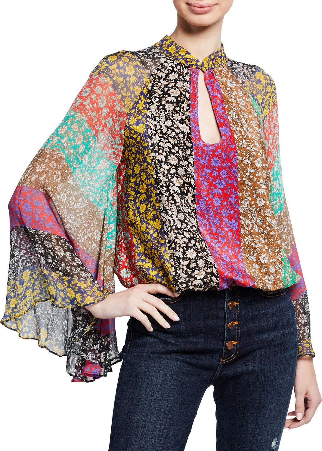 Alice + Olivia Prija Mandarin-Collar Flare-Sleeve Blouse