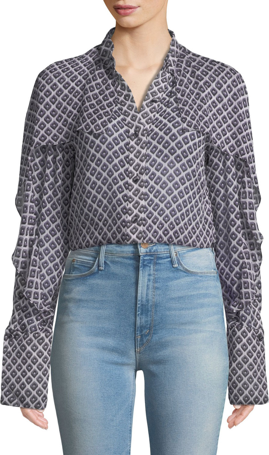 DIANE von FURSTENBERG Printed Chiffon Cape Button-Front Shirt