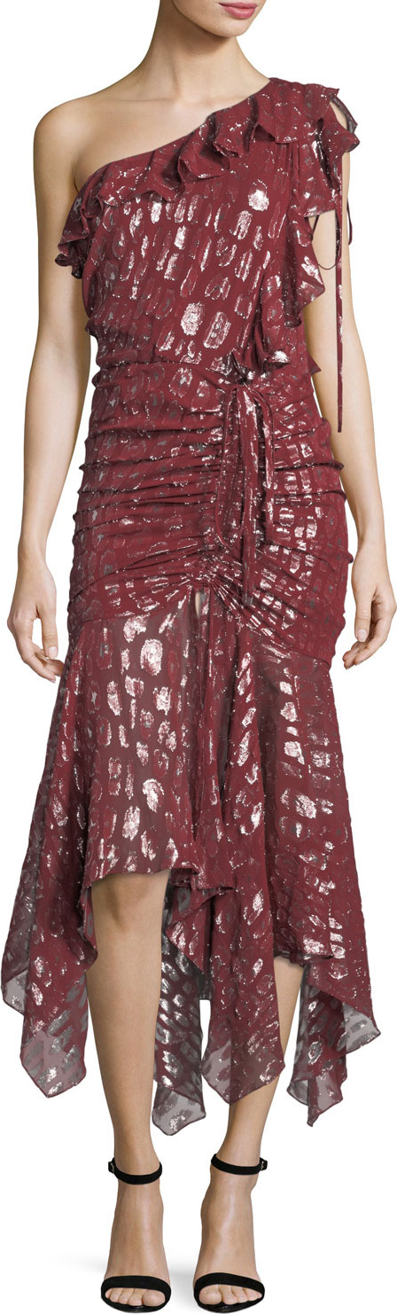Veronica Beard Leighton One-Shoulder Metallic Silk Dress