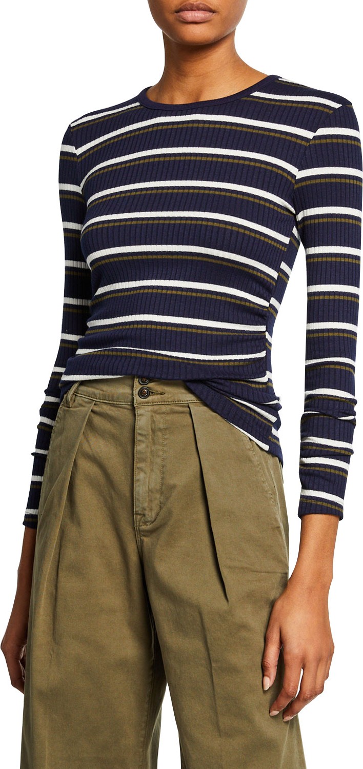 FRAME DENIM Shirred Long-Sleeve Striped Top