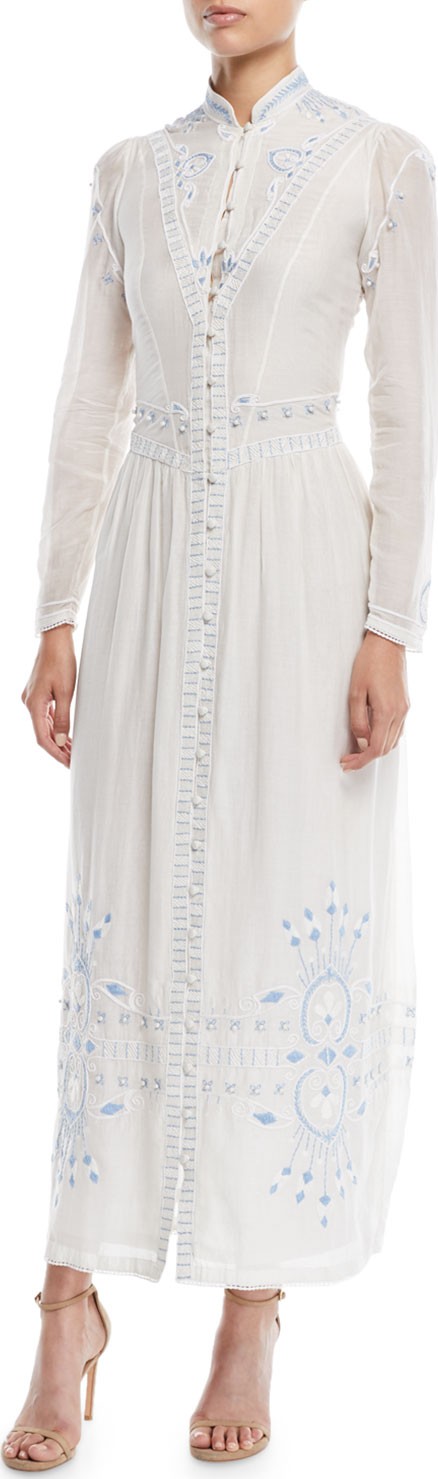 Talitha Button-Front Embroidered Summer Robe Long Cotton Dress