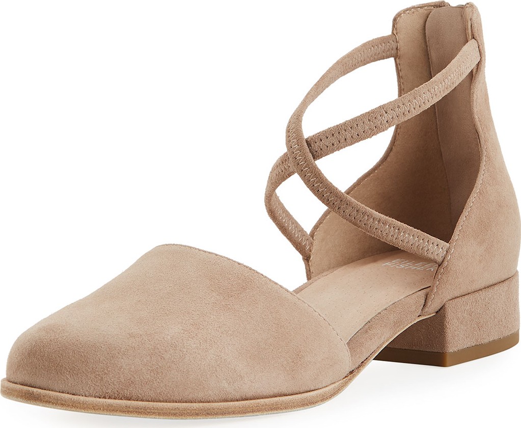 Eileen Fisher Lyton Suede Low-Heel Ankle-Wrap Flats