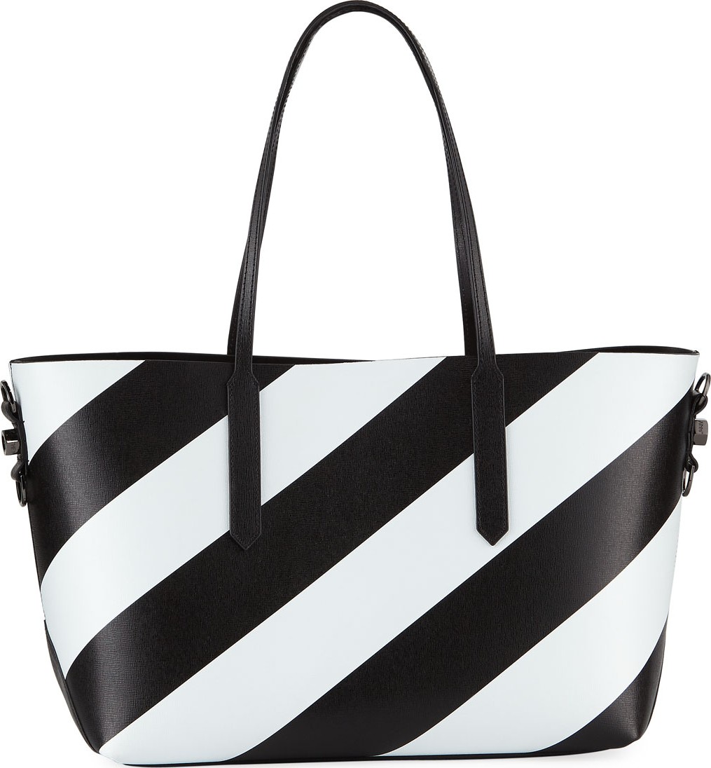 Off White Medium Diagonal Striped Leather Tote Bag