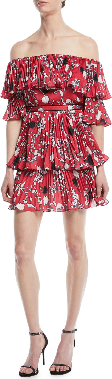 Self Portrait Pleated Off-the-Shoulder Floral-Print Mini Dress