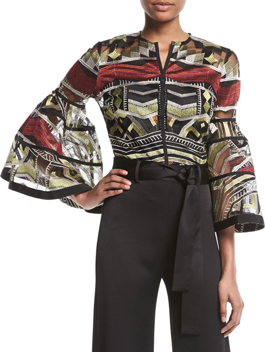 Alexis Gem Bell-Sleeve Embroidered Cropped Blouse