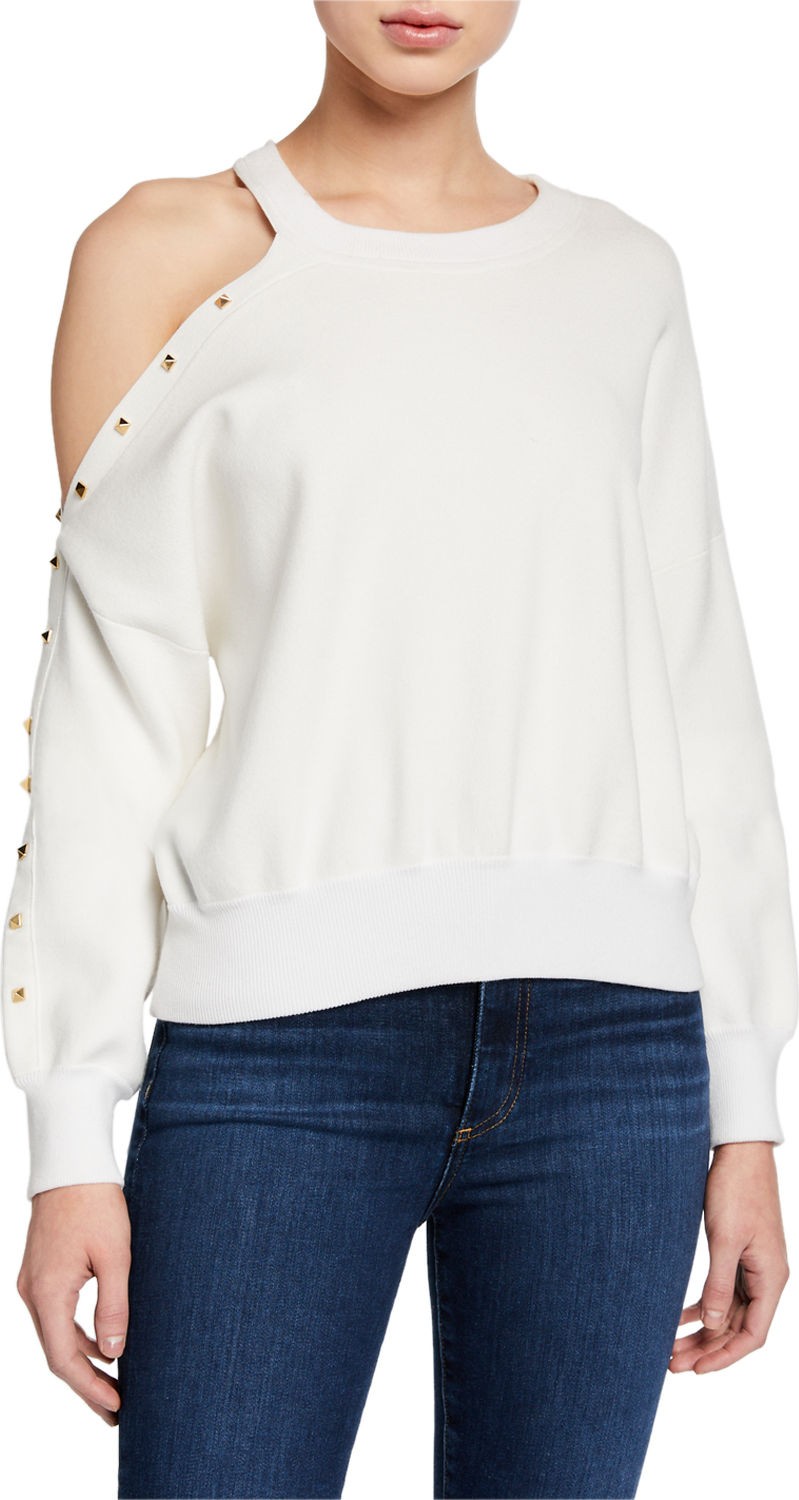 Alice + Olivia Michael Asymmetric Cold-Shoulder Stud Sweater