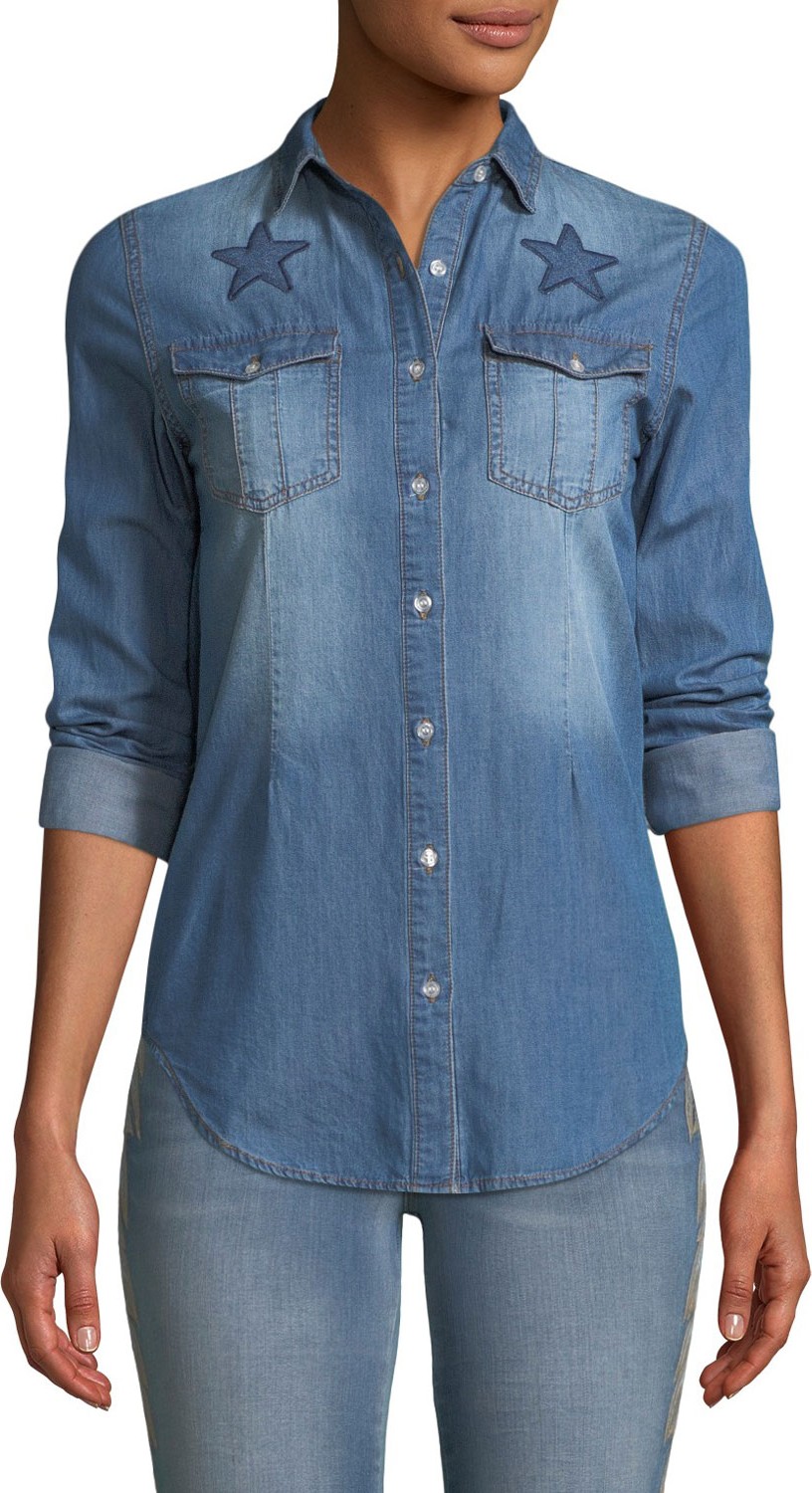 Etienne Marcel Button-Front Long-Sleeve Denim Shirt with Stars Embroidery