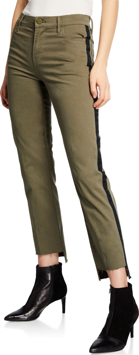 FRAME DENIM Le High Straight Raw Stagger-Hem Jeans w/ Tuxedo Stripes