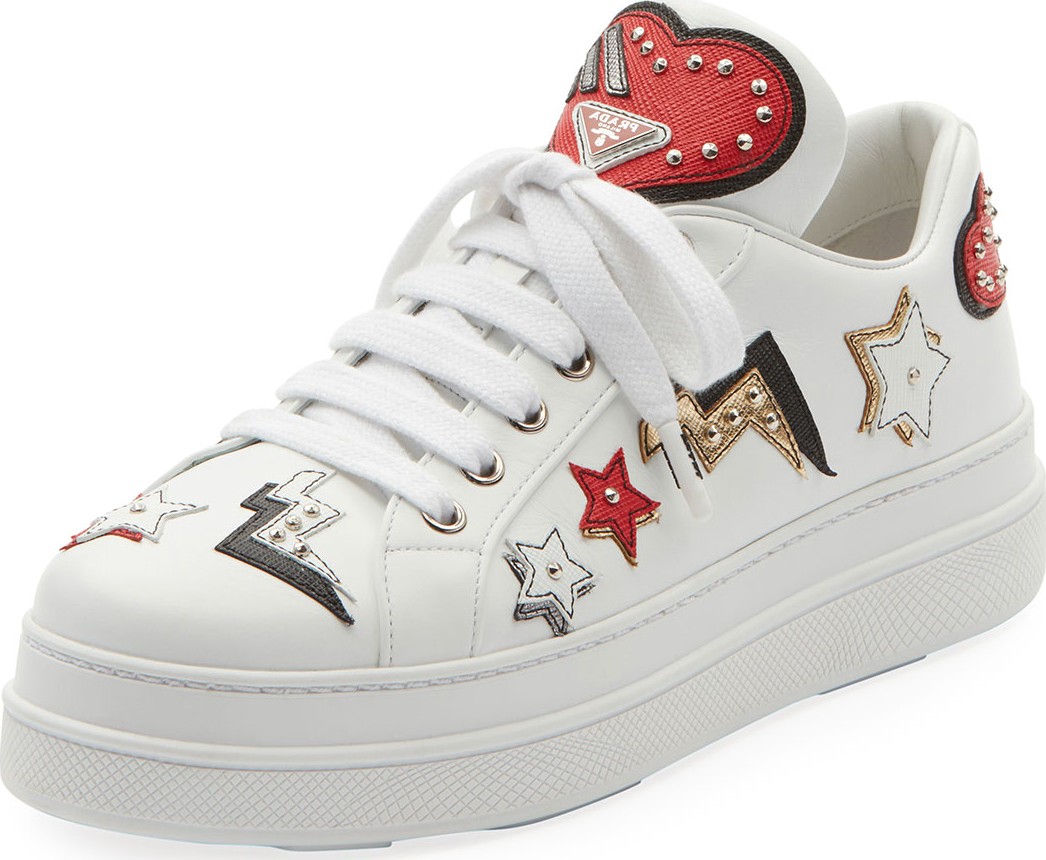 Prada Heart Patches Leather Lace-Up Platform Sneakers