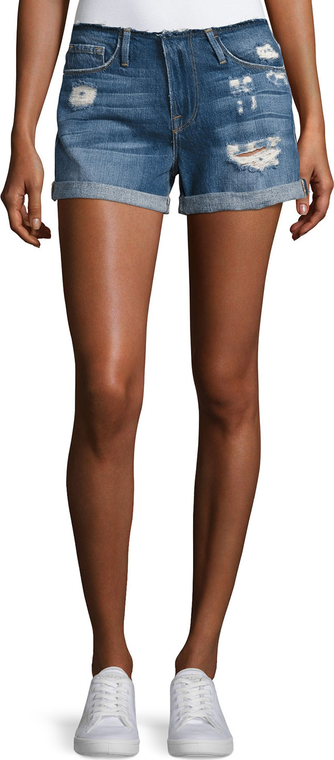 FRAME DENIM Le Cutoff Cuff Frayed Denim Shorts, Blue