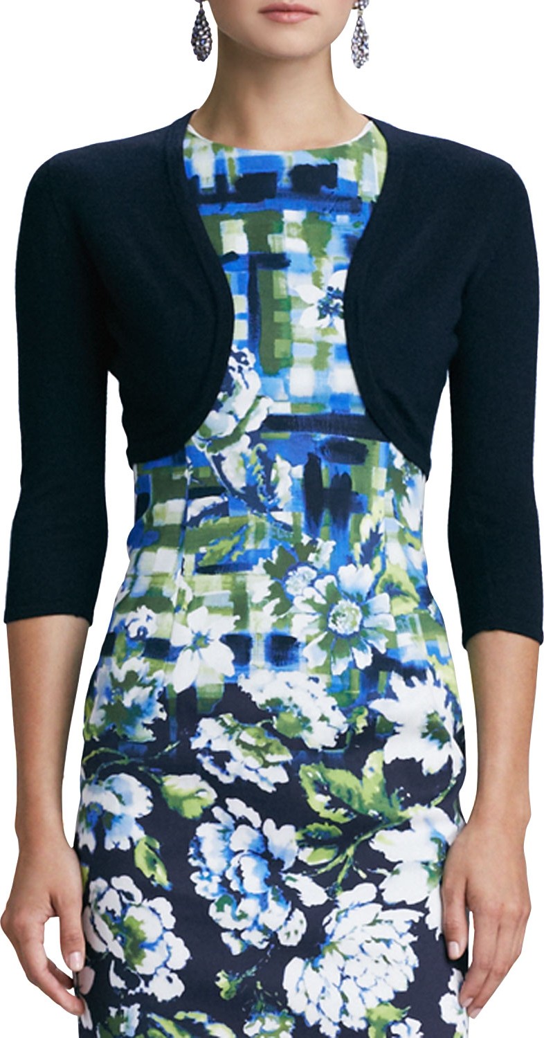 Oscar De La Renta 3/4-Sleeve Cashmere/Silk Knit Bolero Cardigan, Navy