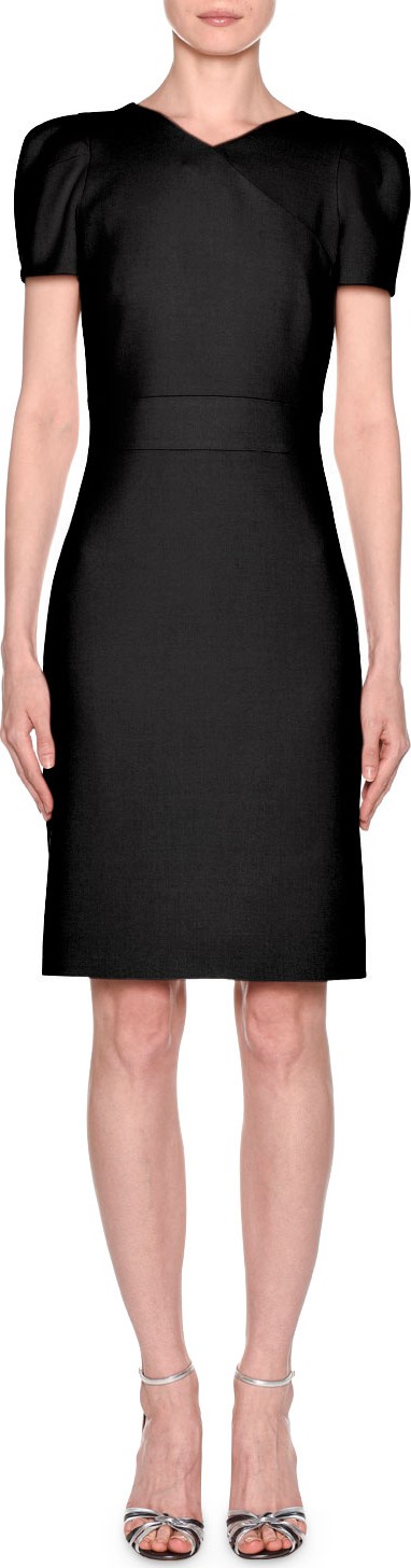 Giorgio Armani Short-Sleeve Wool Crepe V-Neck Dress, Black