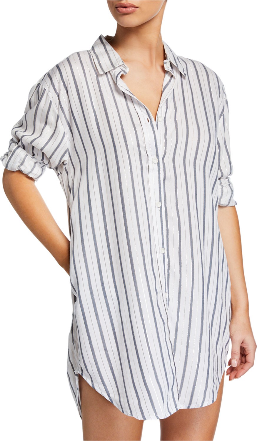 Onia Marie Striped Coverup Shirtdress with Pockets