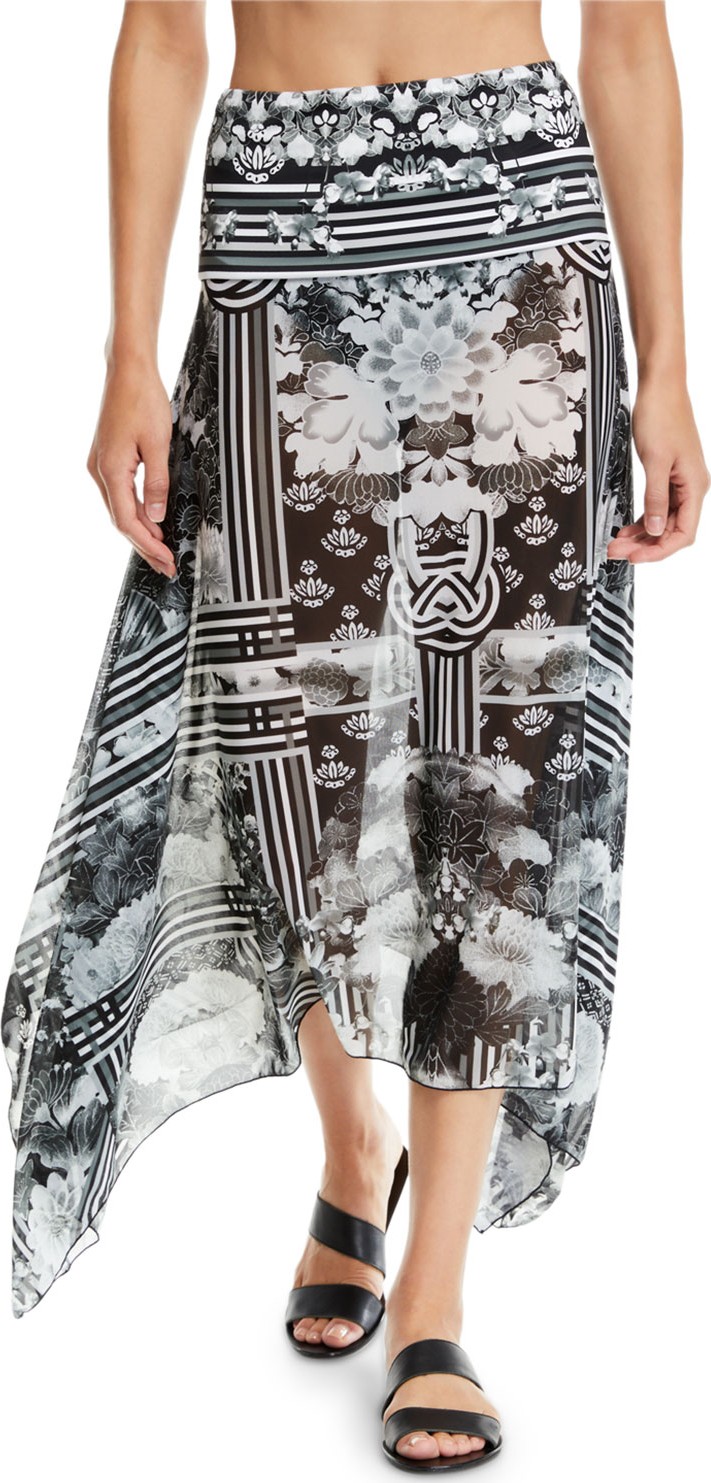Camilla Handkerchief Floral-Printed Mesh Sarong Coverup
