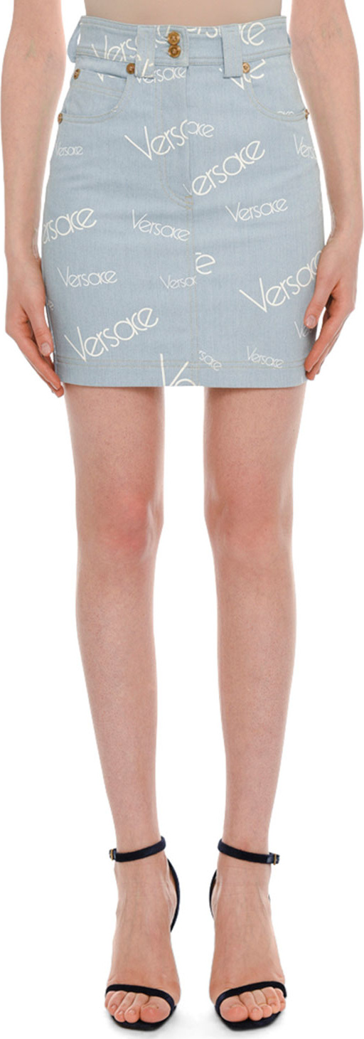 Versace High-Rise Logo-Print Knee-Length Denim Skirt