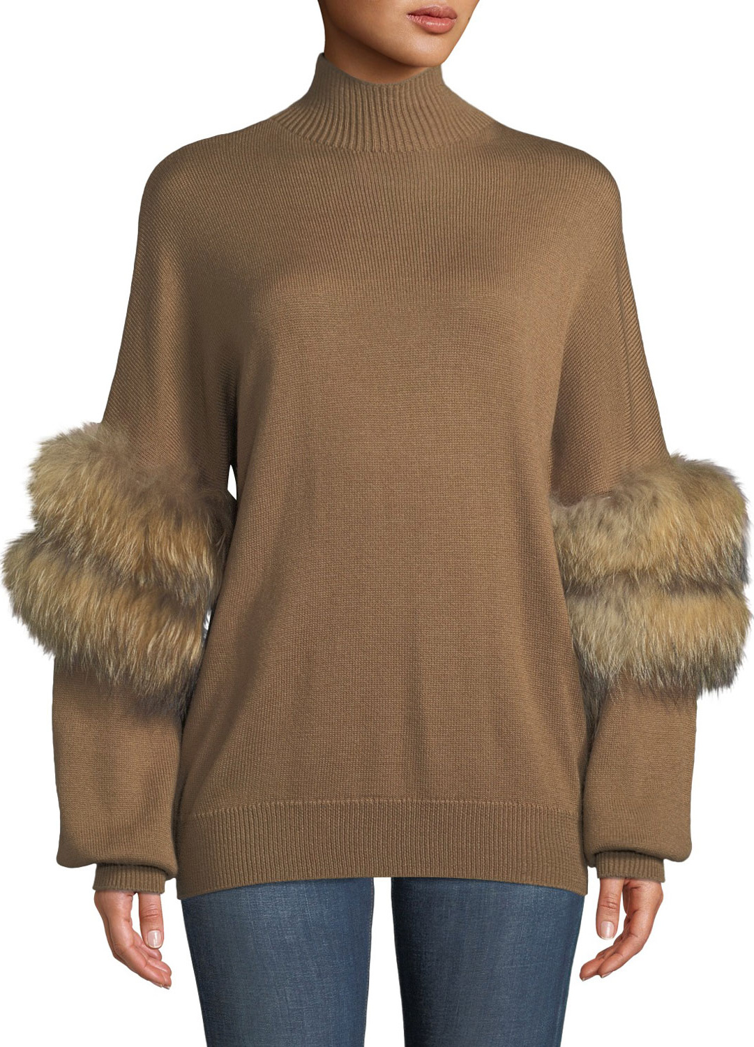 KOBI HALPERIN Elsa Turtleneck Sweater w/ Fur Sleeves KOBI HALPERIN Elsa Turtleneck Sweater w/ Fur Sleeves