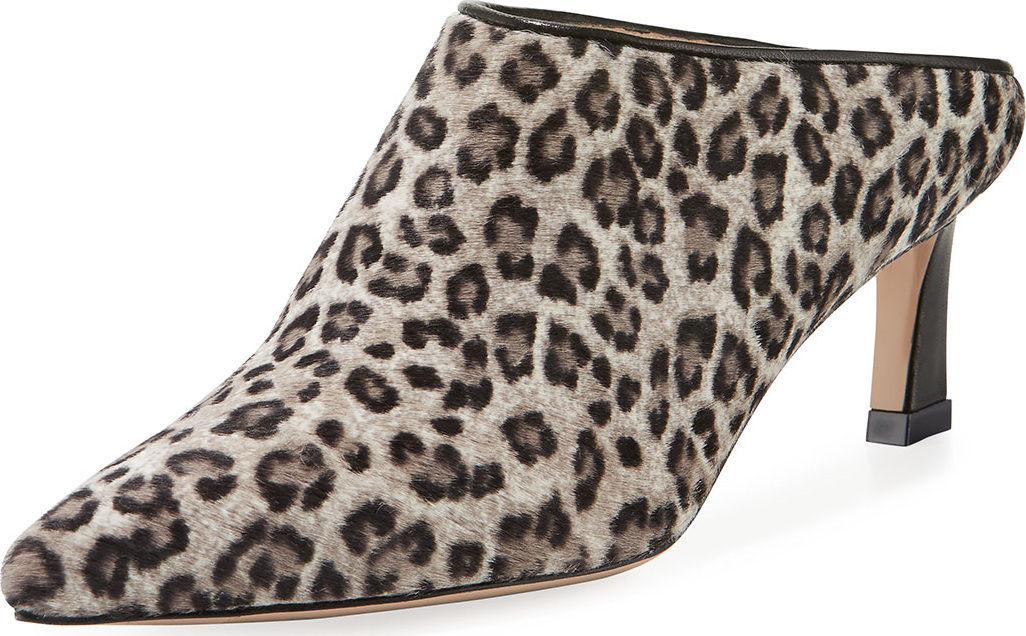 Stuart Weitzman Mira Leopard Kitten-Heel Point-Toe Mule