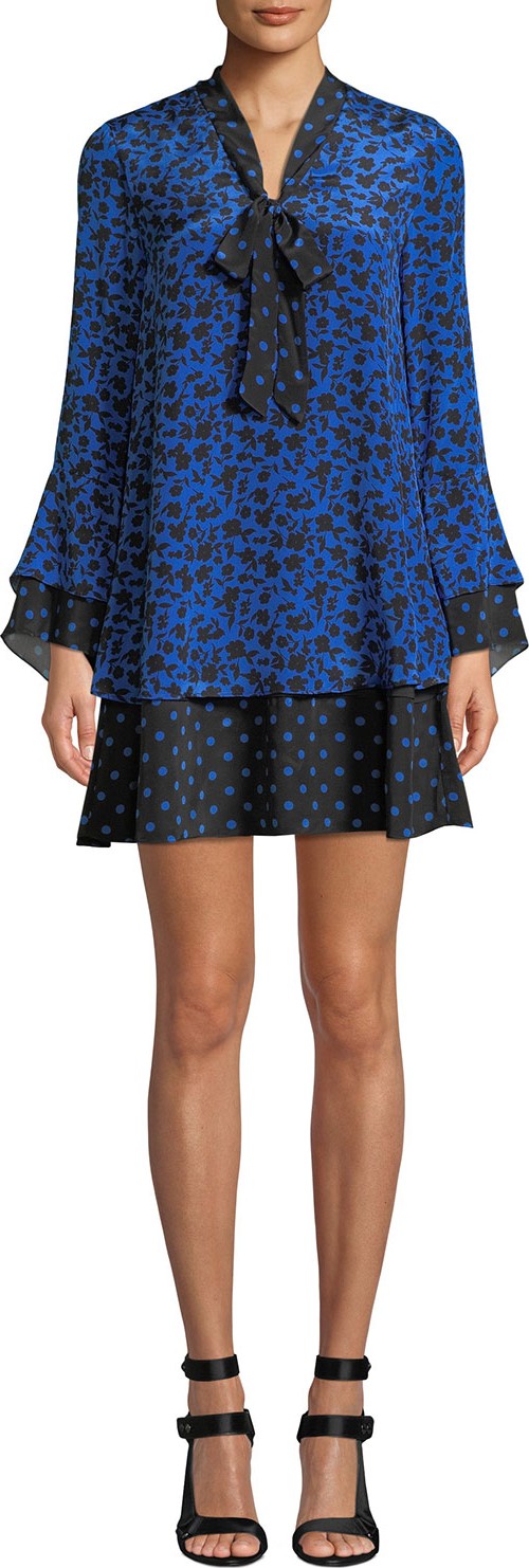 Alice + Olivia Wellesly Tie-Neck Trumpet-Sleeve Dress