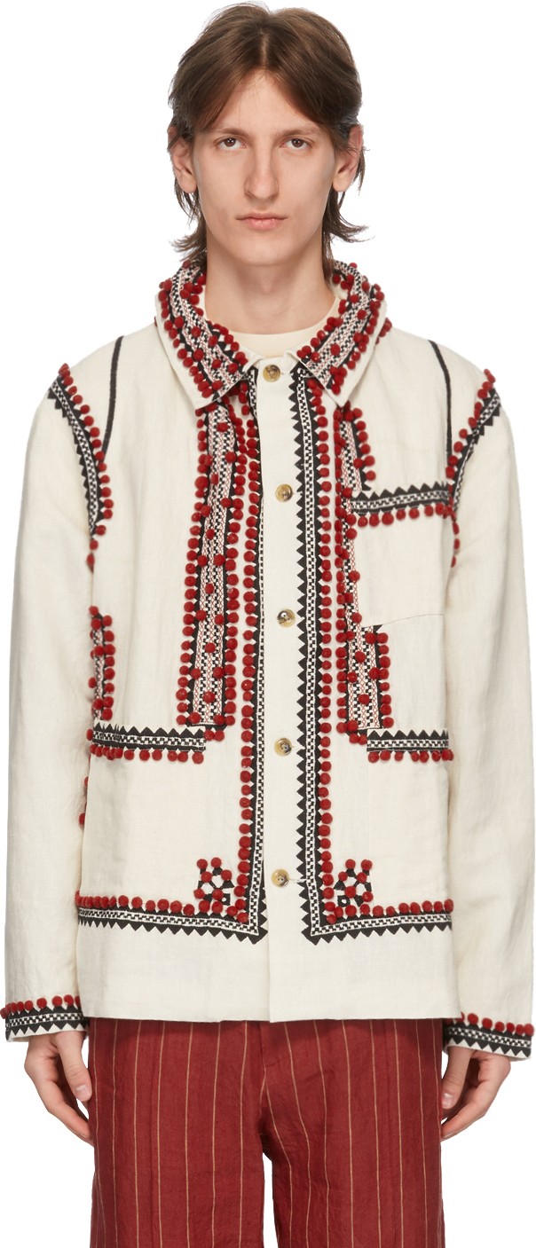 Bode White Pom-Pom Appliqué Workwear Jacket