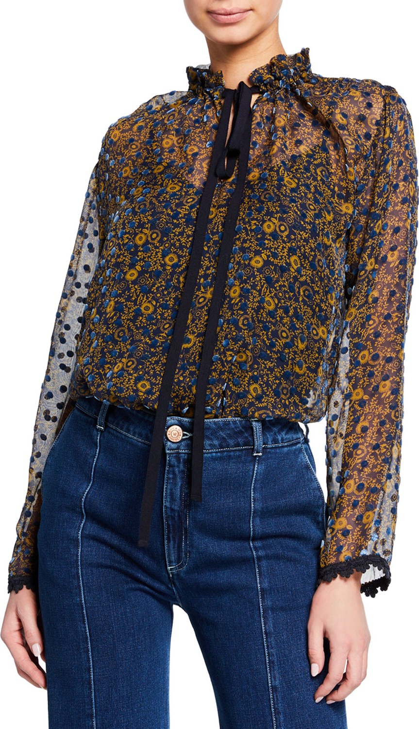 See By Chloé Printed Tie-Neck Silk Blouse