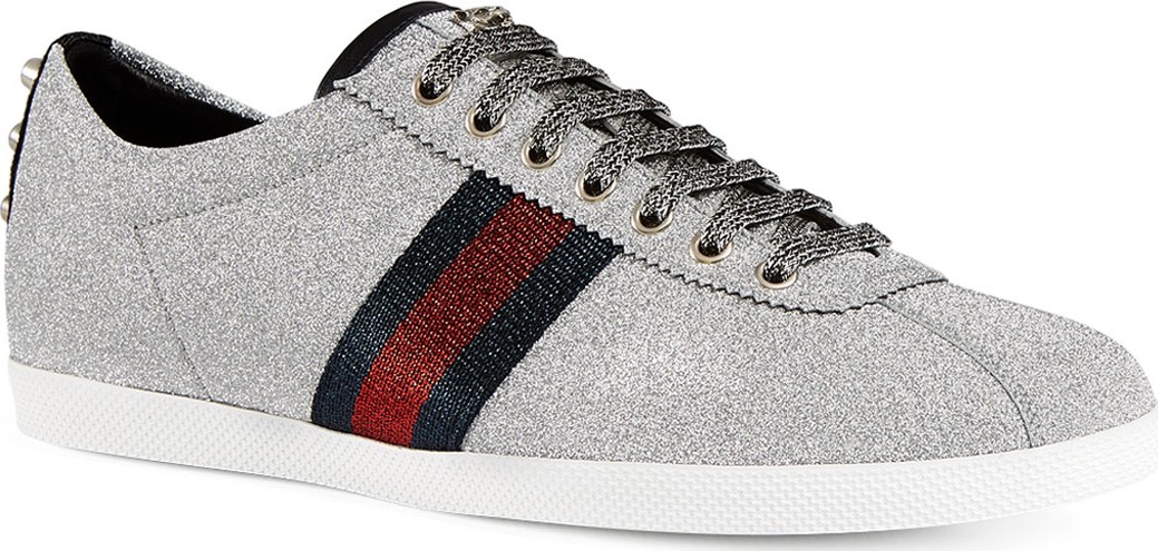 Gucci Men's Bambi Web Low-Top Sneakers with Stud Detail, Silver