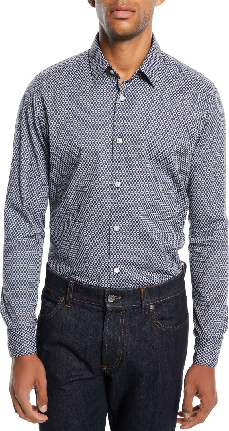 BOSS Hugo Boss Men's Chain Link-Print Sport Shirt, Navy/White