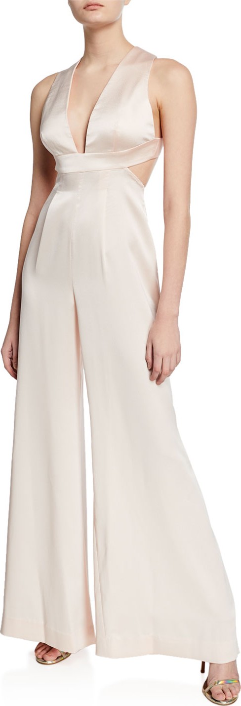 Jill Jill Stuart Plunge-Neck Open-Back Wide-Leg Satin Jumpsuit