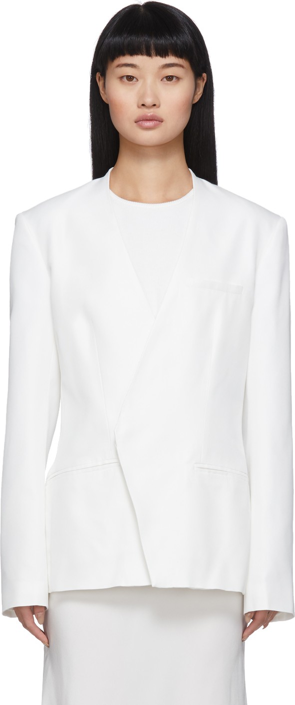 Haider Ackermann White Silk Collarless Blazer