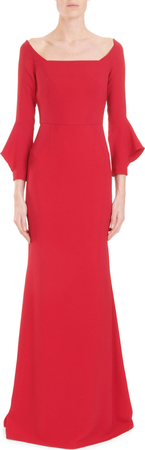Roland Mouret Coleman Square-Neck Bell-Cuff Trumpet Evening Gown