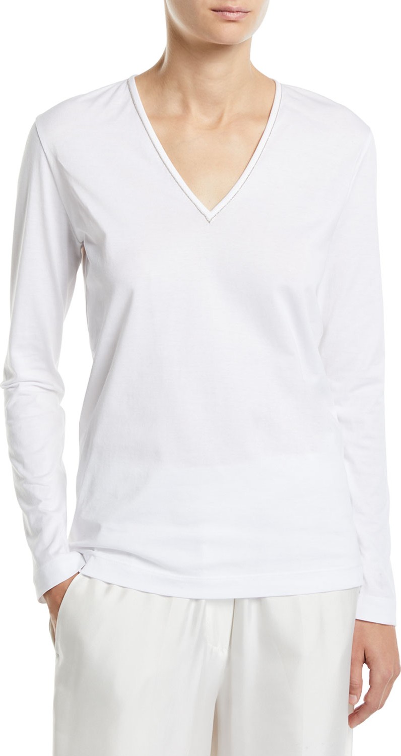 Brunello Cucinelli Monili-Trim V-Neck Long-Sleeve Tee