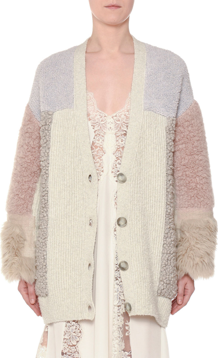 Stella McCartney V-Neck Button-Front Mixed-Media Cardigan