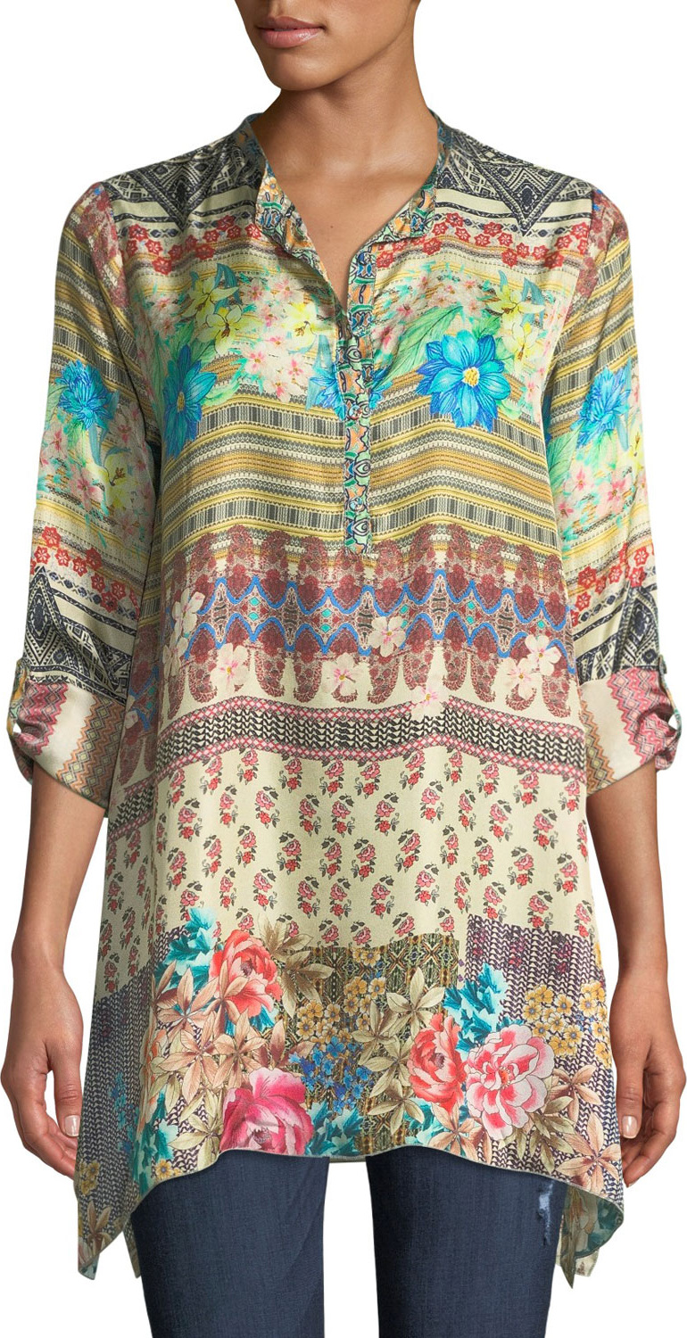 Johnny Was Biza Printed Silk Half-Button Blouse